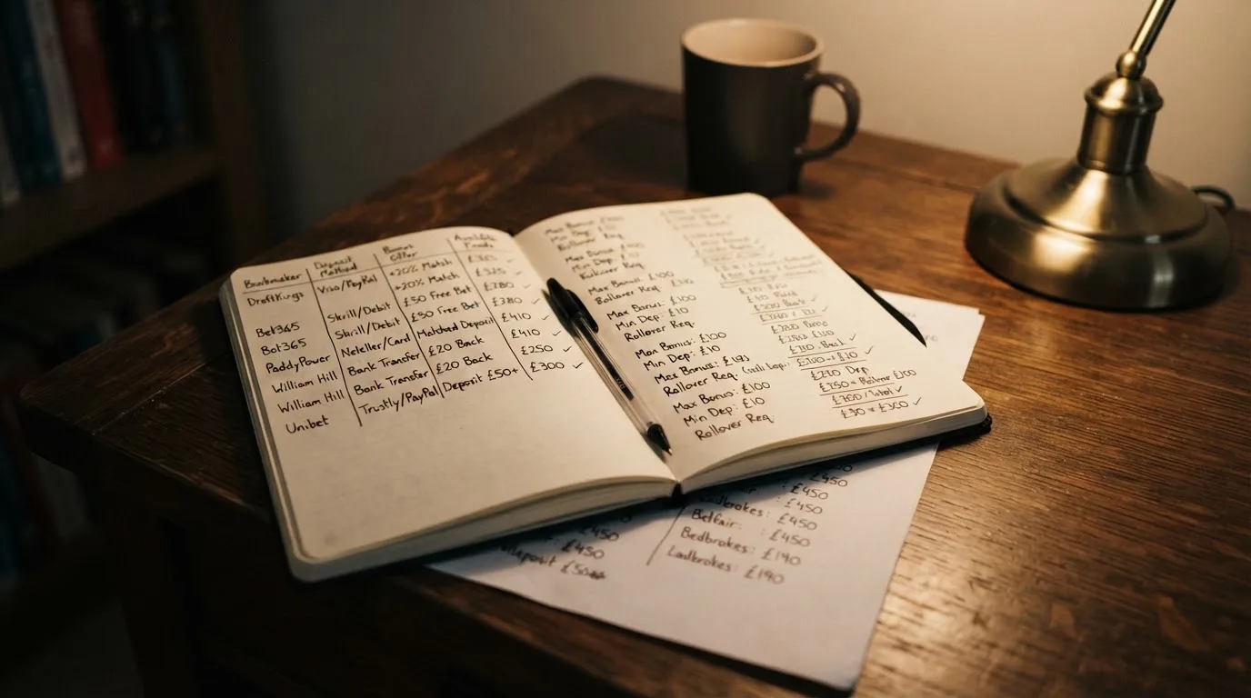 Ein Taschenrechner und ein Blatt Papier mit handschriftlichen Notizen liegen auf einem Schreibtisch unter dem warmen Licht einer Lampe.