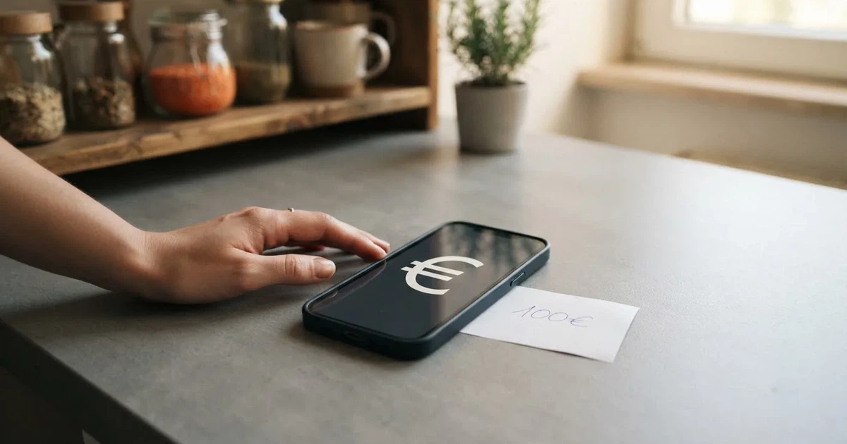 Eine Hand legt ein paar Münzen neben ein umgedrehtes Smartphone auf eine graue Tischplatte, dahinter verschwommen ein Küchenregal.