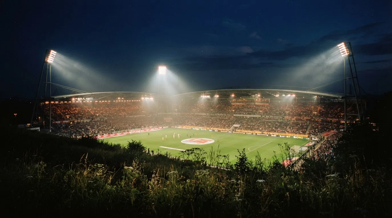 Ein Stadion unter Flutlicht bei Nacht, von einem Hügel aus der Ferne betrachtet, mit Dunst über dem Spielfeld.
