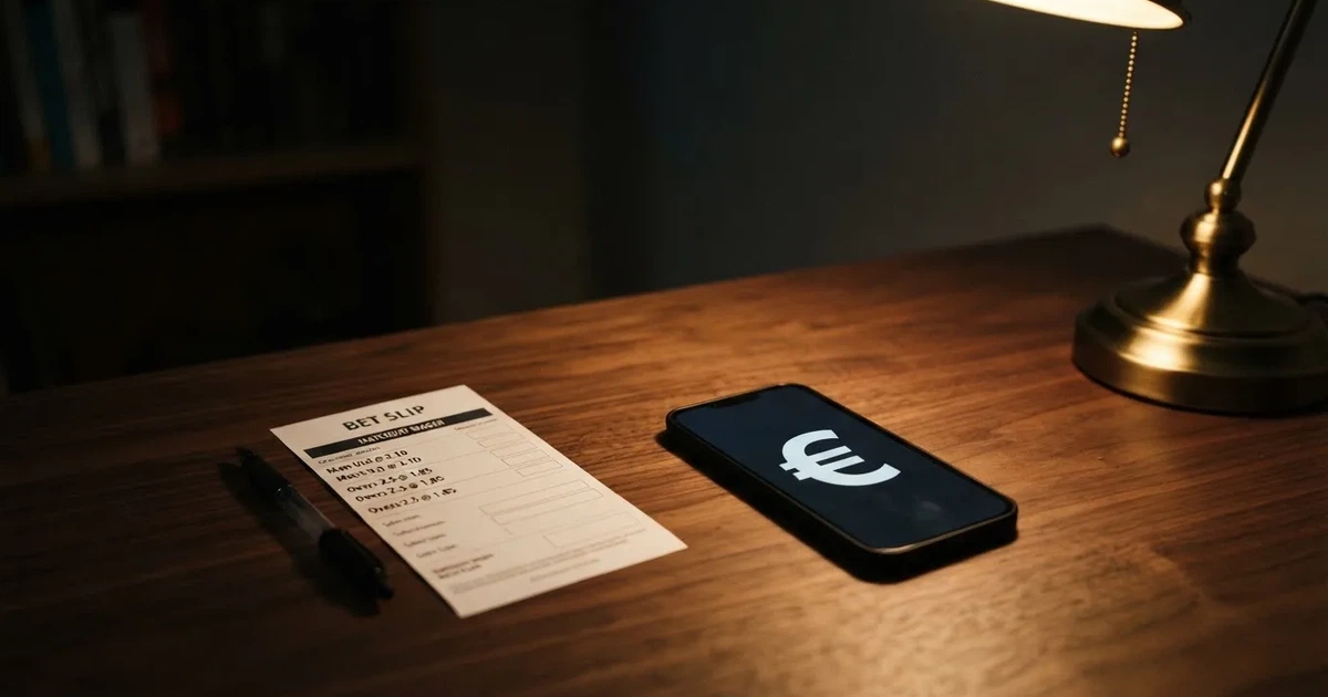 Ein leerer Wettschein aus Papier liegt neben einem Stapel Euro-Münzen auf einem dunklen Holztisch, seitlich von einer Schreibtischlampe beleuchtet.