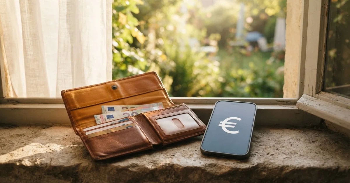 Eine Geldbörse aus Leder liegt geöffnet neben einem Smartphone auf einer Fensterbank, im Hintergrund ein Garten im Gegenlicht.