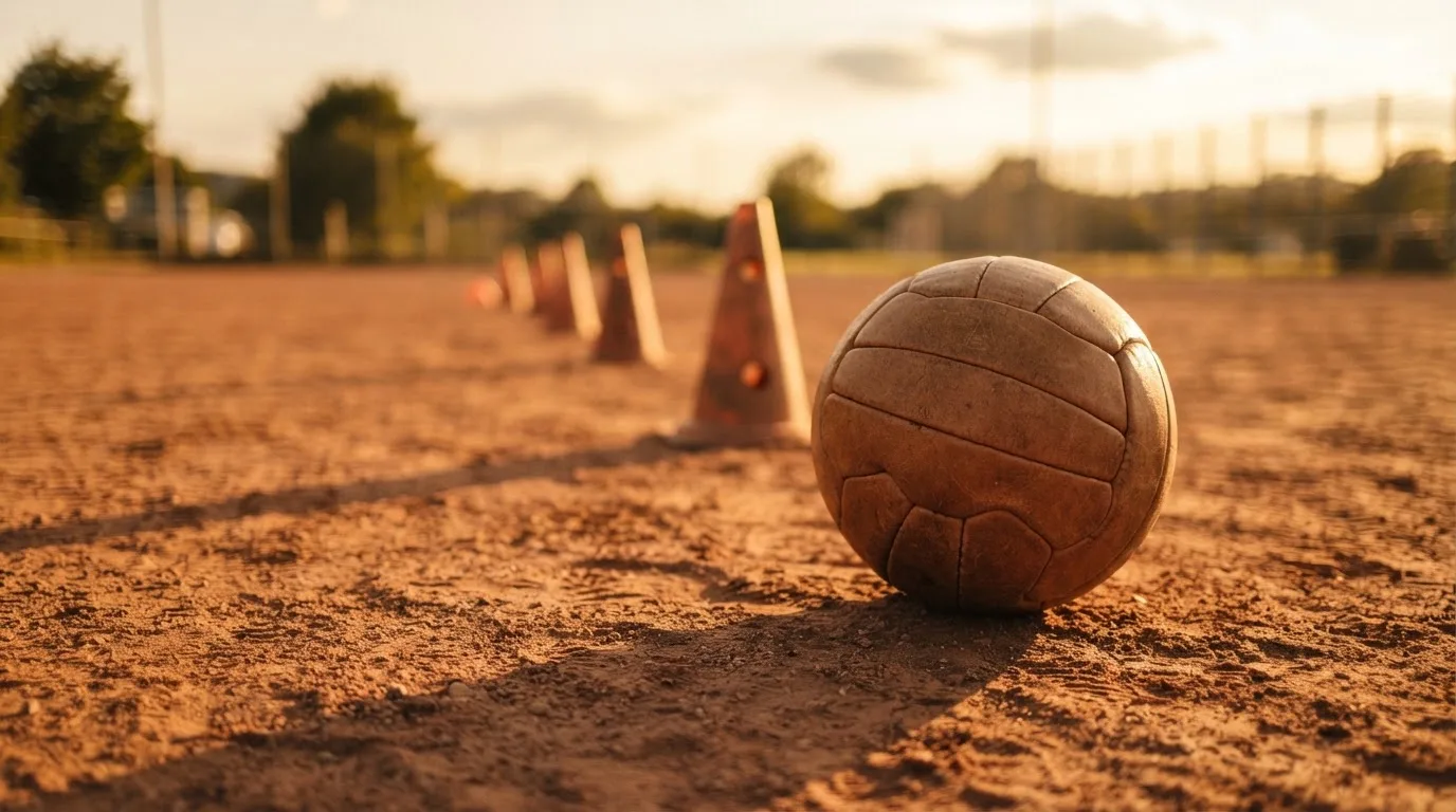 Ein Fußball auf rotem Sandboden neben einer Reihe Hütchen auf einem Trainingsplatz bei untergehender Sonne.