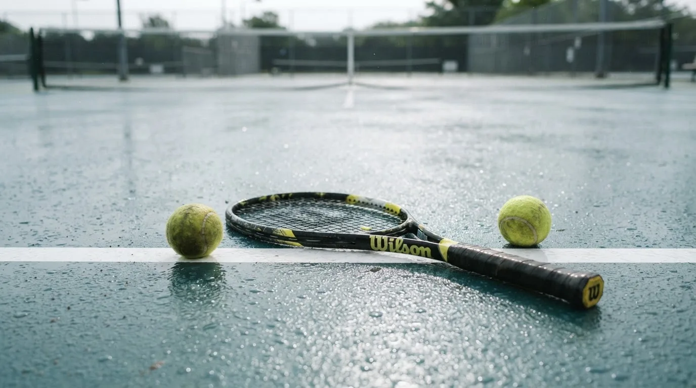 Zwei Tennisbälle und ein Schläger liegen auf der Grundlinie eines Hartplatzes, kleine Wassertropfen glänzen auf dem Belag.