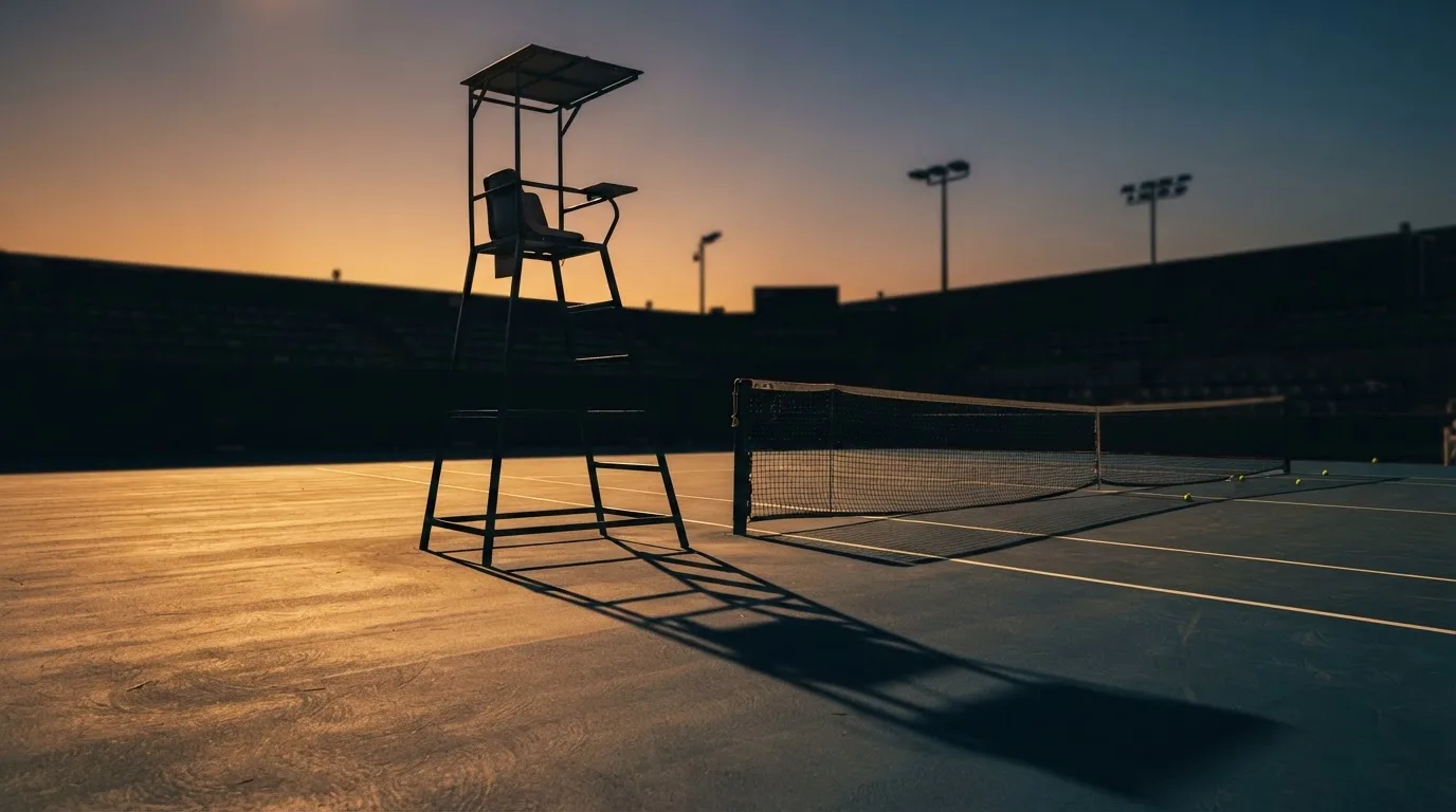 Ein leerer Schiedsrichterstuhl am Spielfeldrand eines Tennisplatzes im Abendlicht, lange Schatten auf dem Belag.