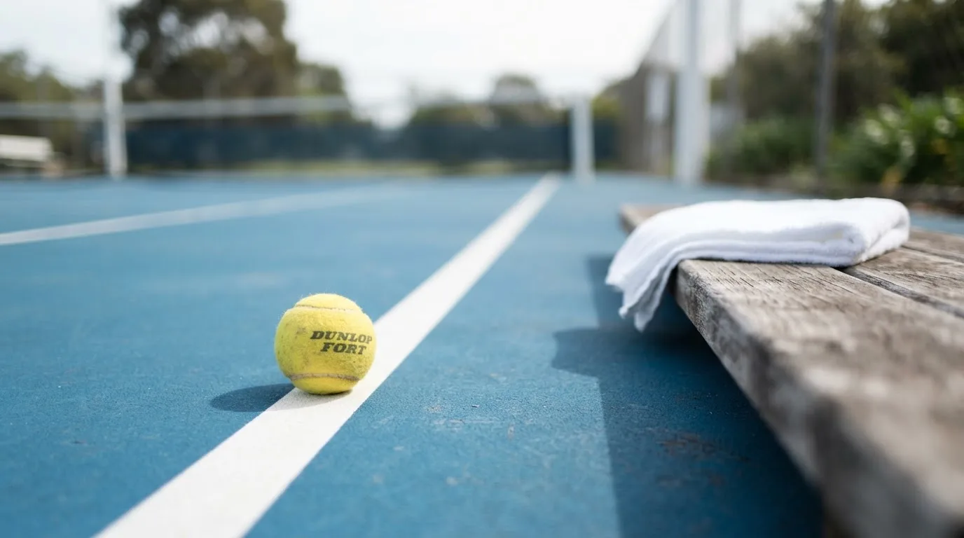 Ein gelber Tennisball liegt auf einer weißen Linie, daneben ein Handtuch auf einer Bank am Spielfeldrand.