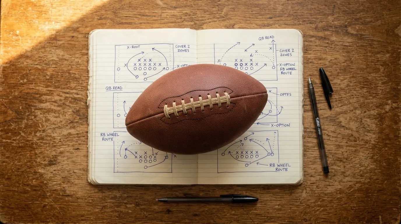 Ein Fußball liegt auf einem Notizbuch mit handgezeichneten Skizzen von Spielzügen, aufgenommen von oben auf einem Holztisch.