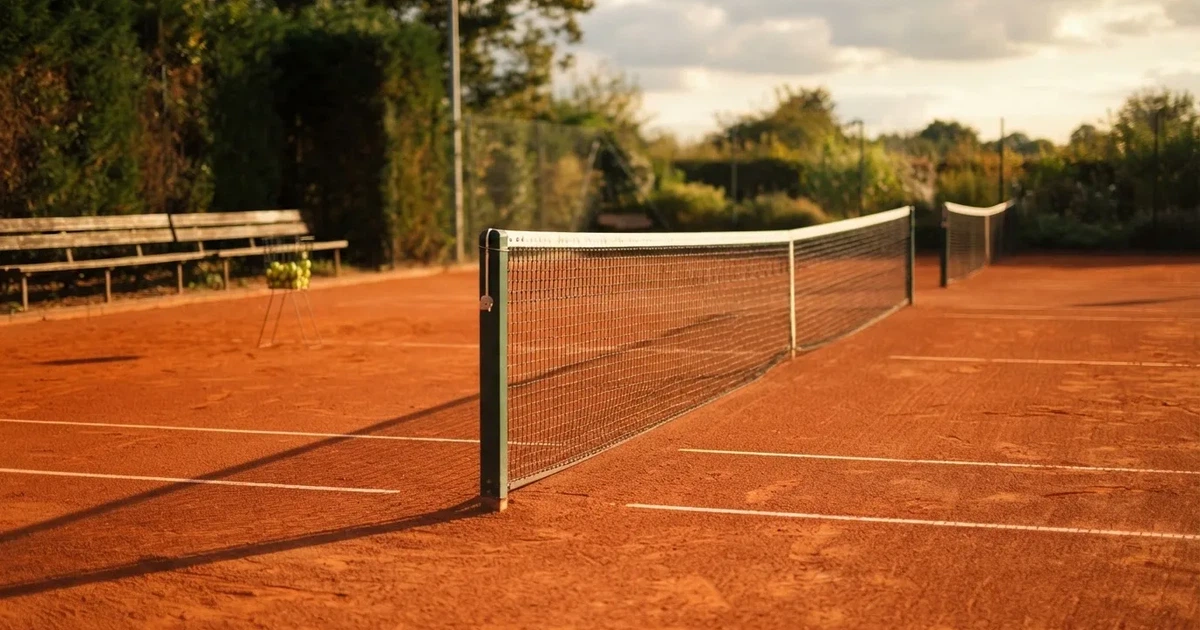 Ein Sandplatz mit frisch gezogenen Linien in der Nachmittagssonne, Netz und Ballkorb am Rand, keine Menschen.