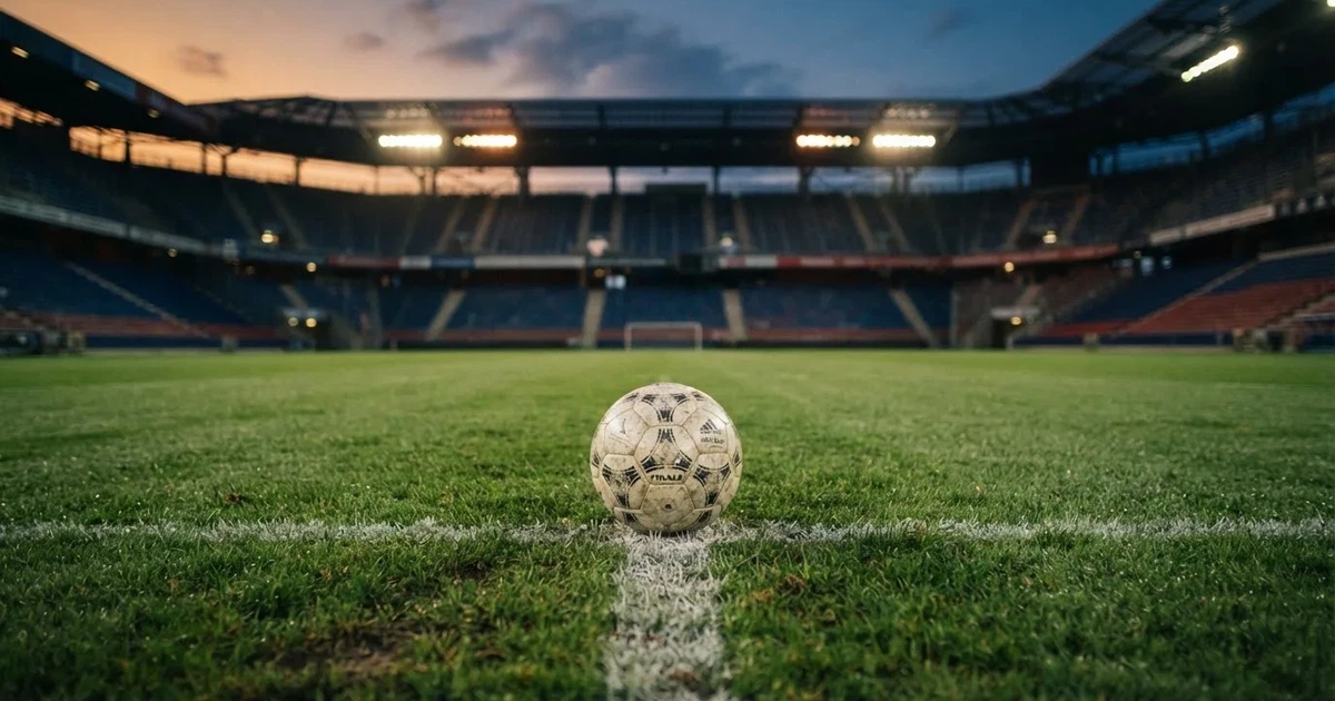 Ein Fußball liegt auf dem Anstoßpunkt eines leeren Rasenplatzes, im Hintergrund eine große Stadiontribüne im Abendlicht.