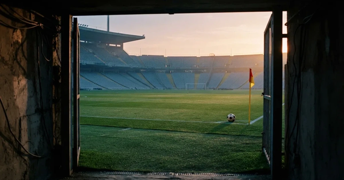 Blick durch ein Stadiontor auf einen grünen Rasen im Abendlicht, ein Ball ruht an der Eckfahne, die Tribünen sind leer.