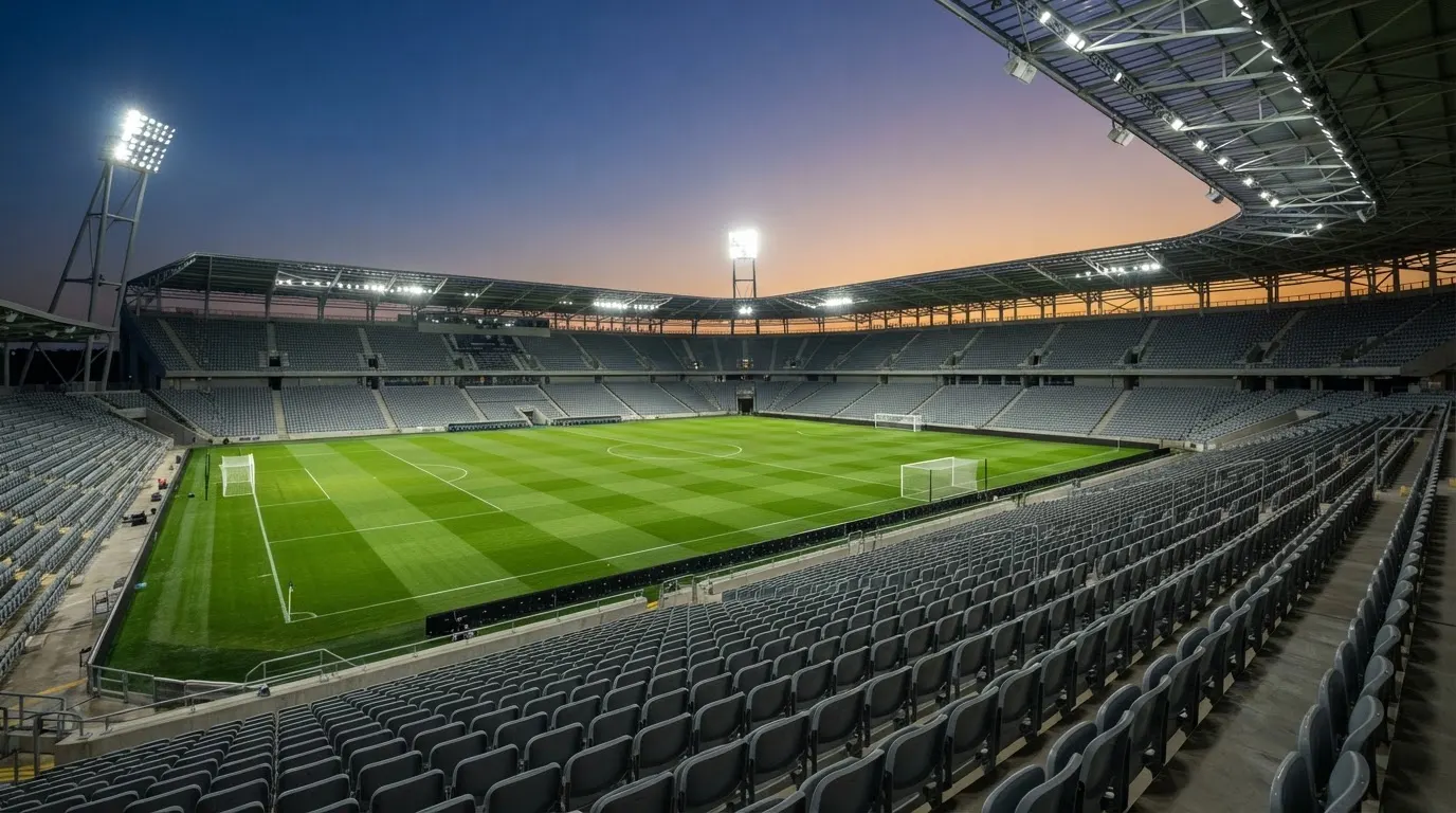 Eine leere Stadiontribüne unter Flutlicht aus der Ferne betrachtet, die Rasenfläche leuchtet grün in der Dämmerung.