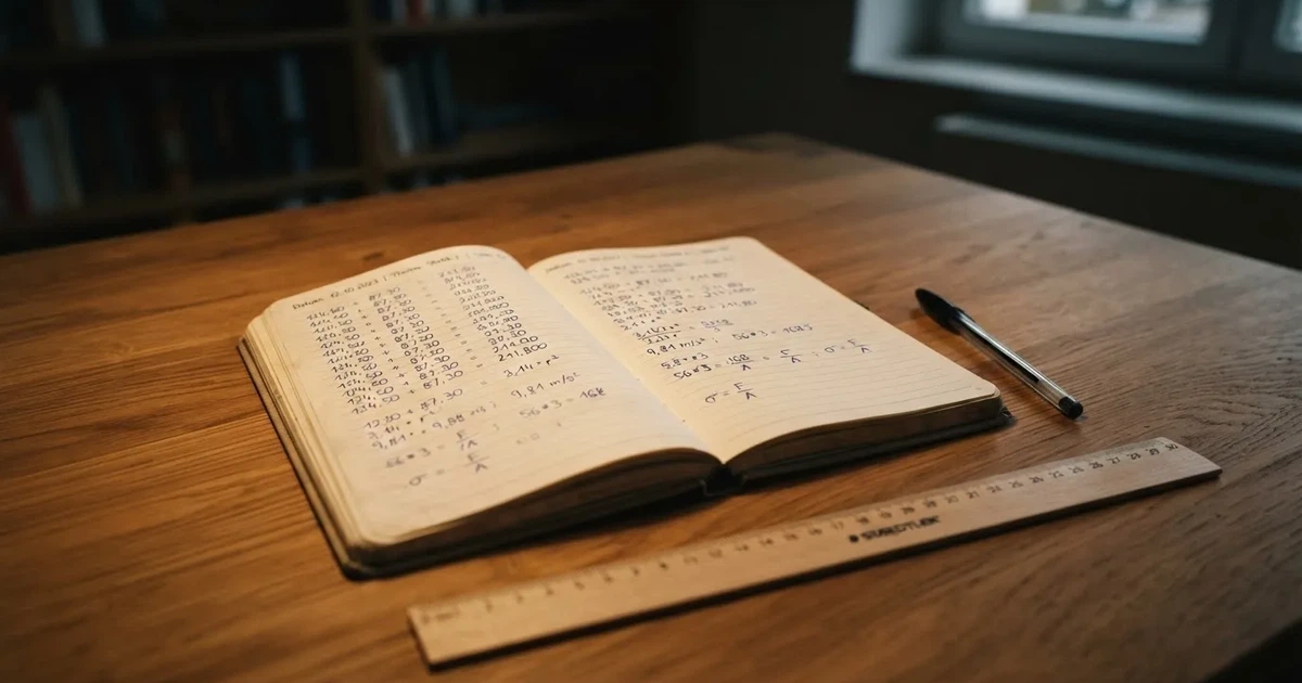Ein aufgeschlagenes Notizbuch mit handschriftlichen Zahlenreihen und ein Bleistift liegen neben einem Taschenrechner auf einem Schreibtisch.