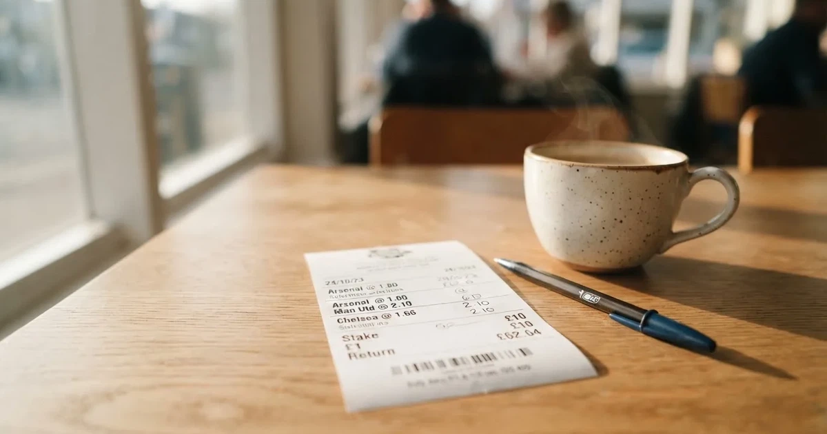 Ein leerer Papier-Wettschein liegt neben einem Kugelschreiber und einer Kaffeetasse auf einem hellen Holztisch, Tageslicht von links.