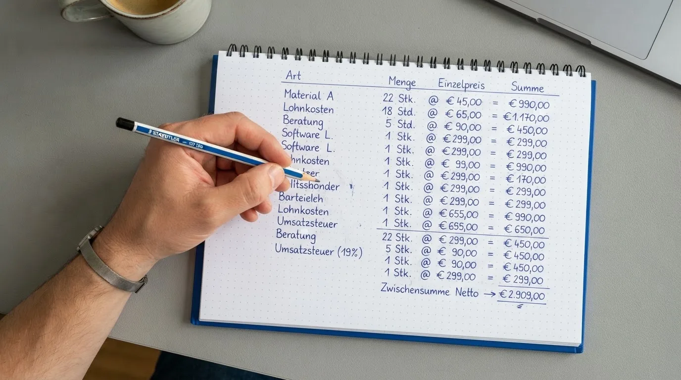 Ein Taschenrechner, ein Bleistift und ein Block mit handschriftlichen Zahlenreihen liegen auf einer grauen Arbeitsfläche.