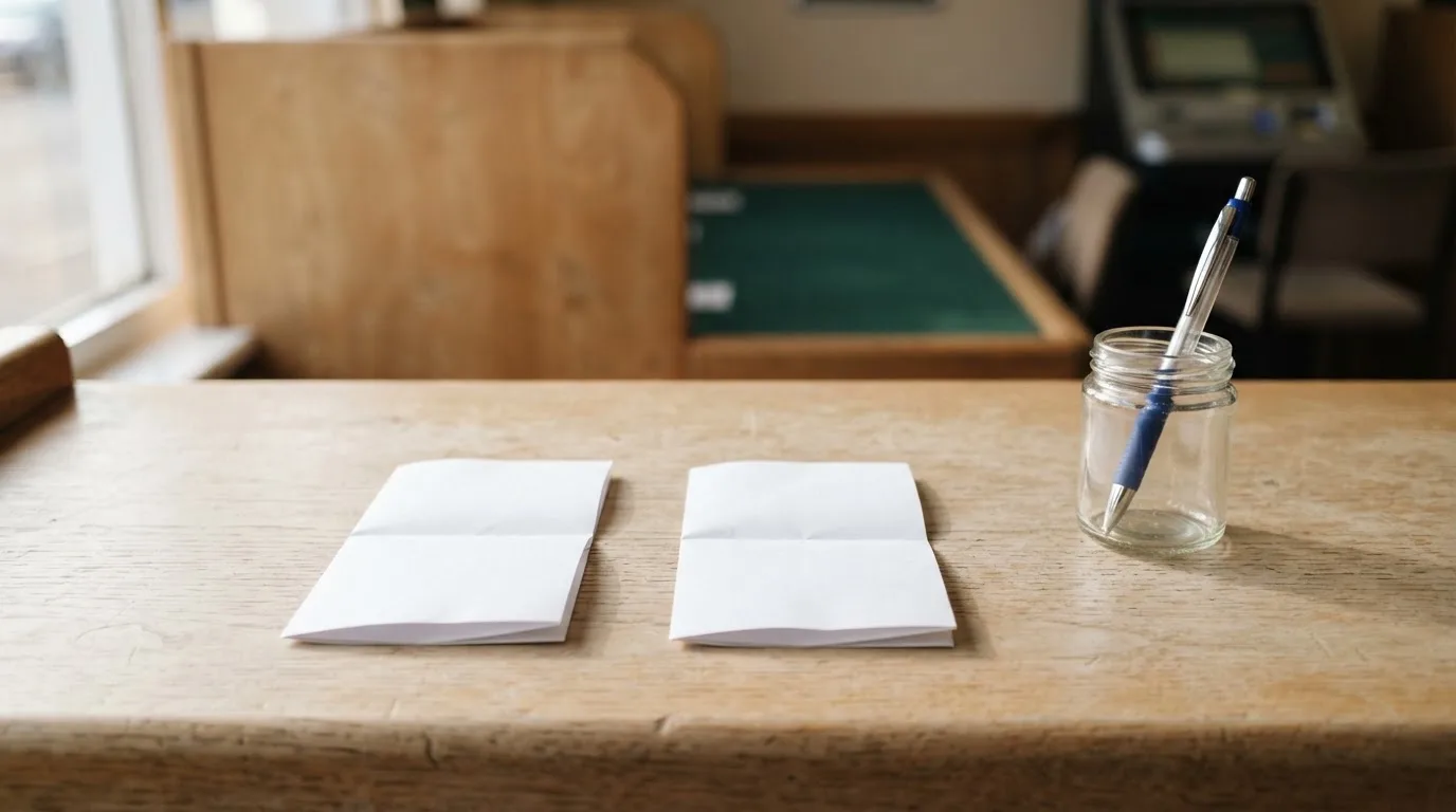 Zwei gefaltete leere Papier-Wettscheine liegen nebeneinander auf einem Tresen, daneben steckt ein Kugelschreiber in einem Glas.