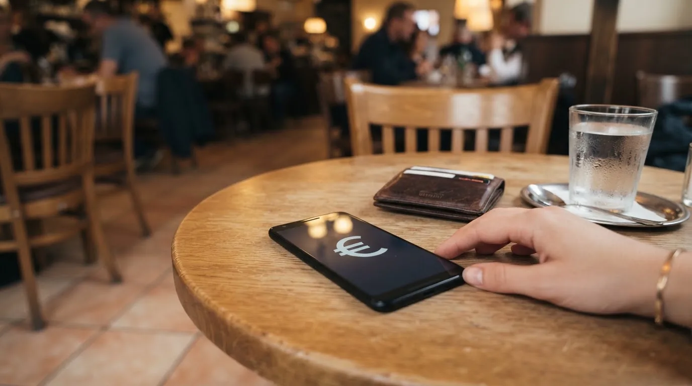 Ein Smartphone mit dunklem Display liegt auf einem Café-Tisch neben einer Lederbrieftasche und einem Glas Wasser.