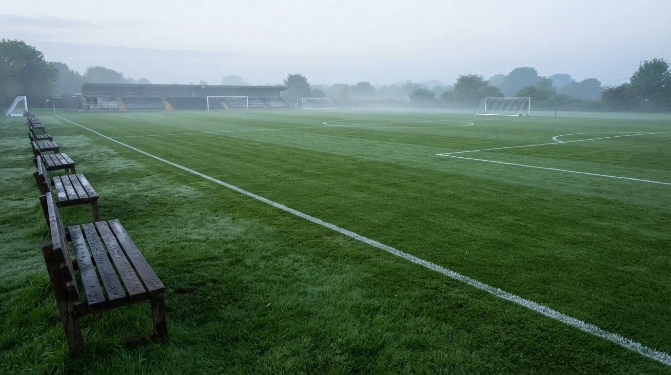 Ein Fußballplatz mit frisch gezogenen Kreidelinien im ersten Morgenlicht, leere Ersatzbänke am Spielfeldrand.