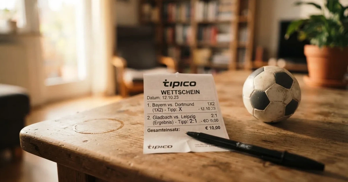 Ein leerer Papier-Wettschein und ein Kugelschreiber liegen neben einem kleinen Fußball auf einem Holztisch, weiches Fensterlicht.