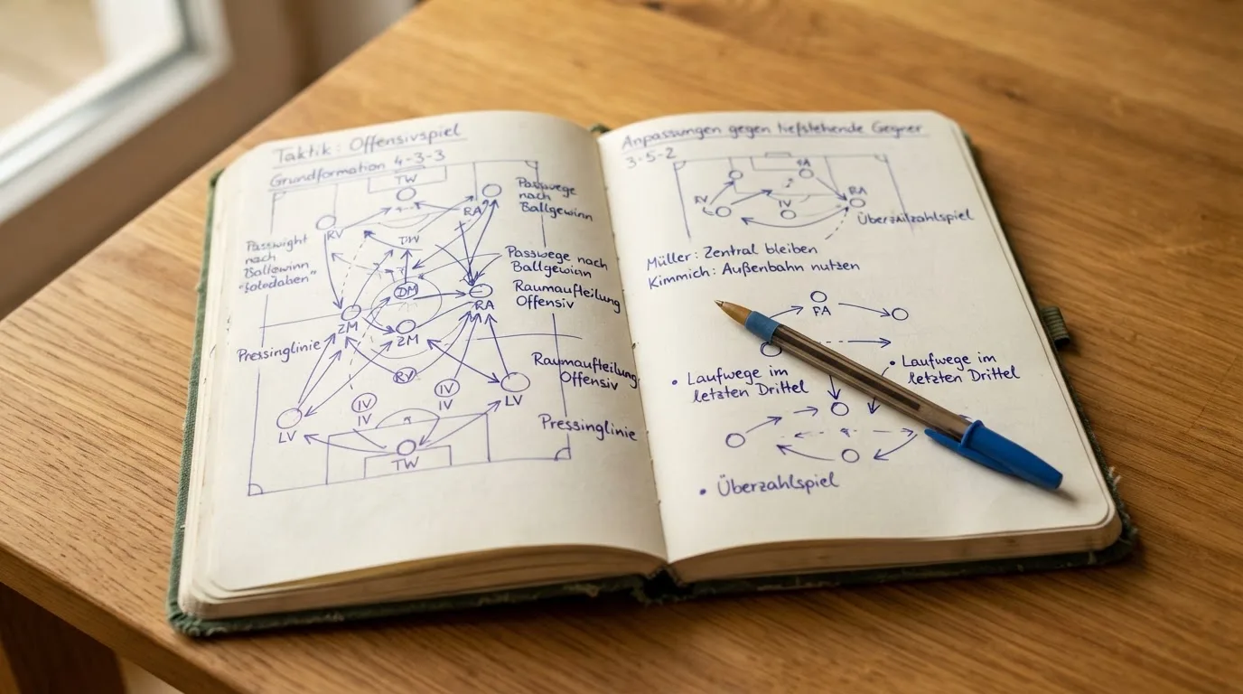 Ein aufgeschlagenes Notizbuch mit handschriftlichen Skizzen von Spielzügen liegt neben einem Kugelschreiber auf einem Holztisch.