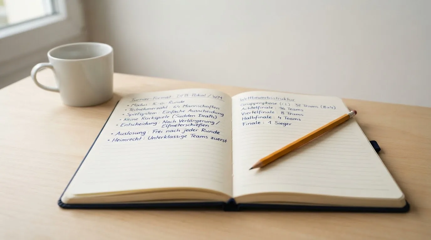 Ein aufgeschlagenes Notizbuch mit handgeschriebenen Stichpunkten und ein Bleistift liegen neben einer Kaffeetasse auf einem hellen Holztisch.