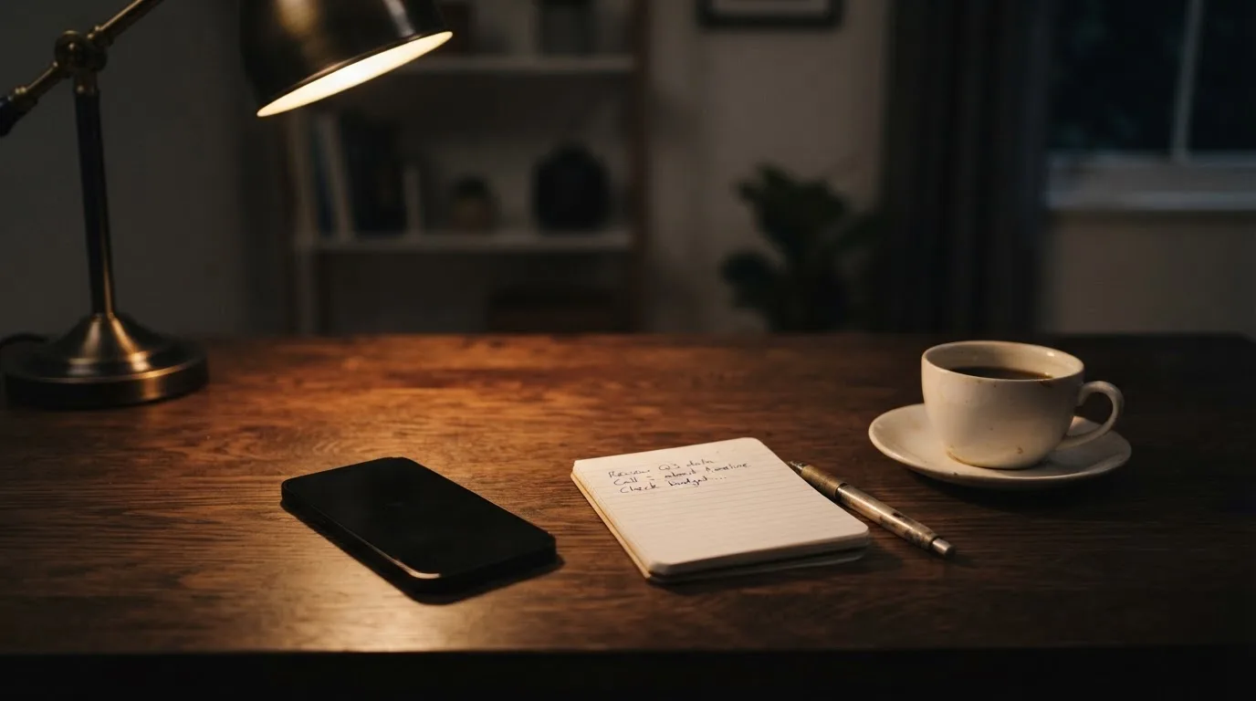 Ein Smartphone liegt mit dunklem Display auf einem Schreibtisch neben einem Notizbuch und einer Kaffeetasse.