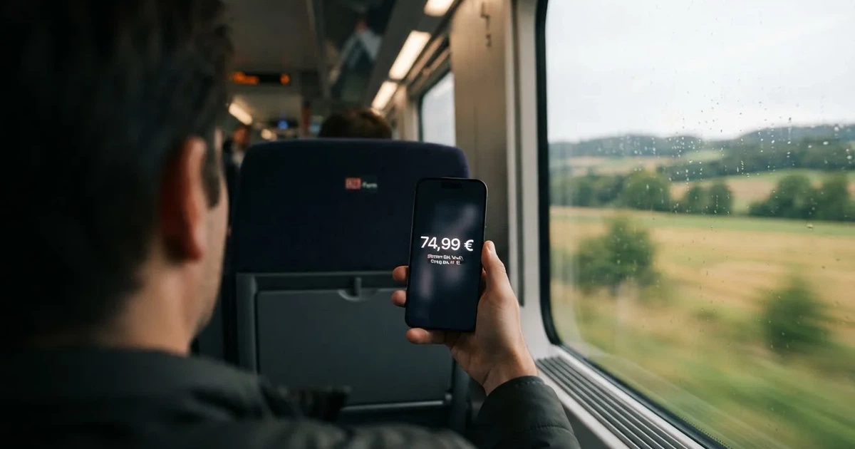 Eine Hand hält ein Smartphone mit dunklem Display in einem Zug, am Fenster ziehen verschwommen Felder vorbei.