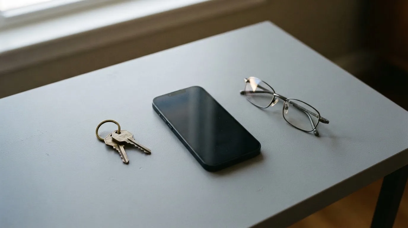 Ein Smartphone liegt mit dunklem Display auf einem Schreibtisch neben einem Schlüsselbund und einer Brille.