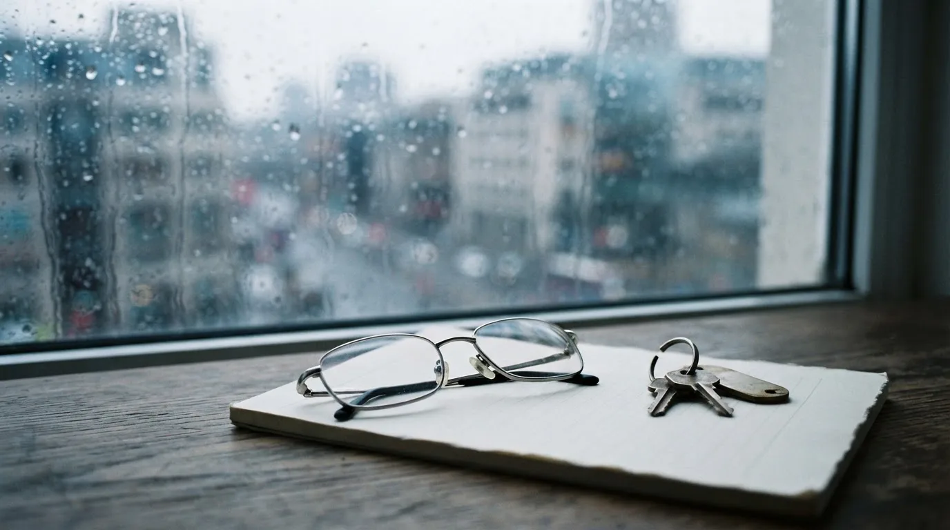 Ein Schlüsselbund und eine Brille liegen auf einem leeren Block neben einem Fenster mit Regentropfen.