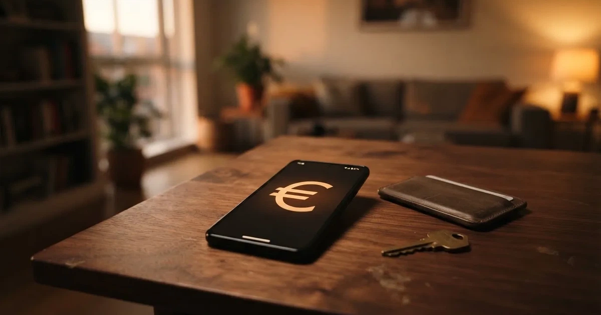 Ein Smartphone mit dunklem Display liegt neben einer Geldbörse und einem Schlüssel auf einem Tisch.