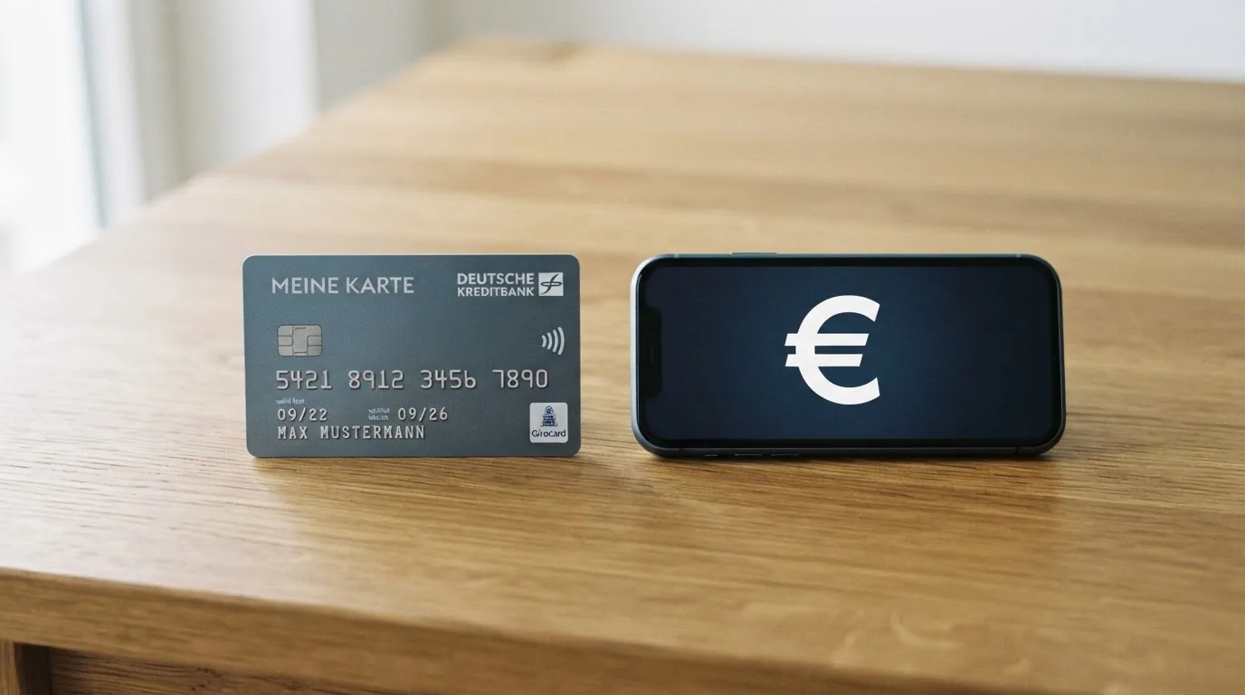 Eine Bankkarte ohne Aufdruck liegt neben einem Smartphone mit dunklem Display auf einem Holztisch.