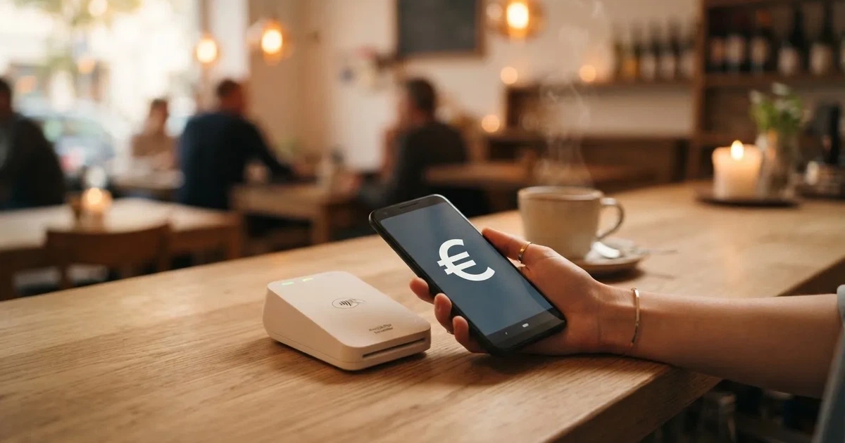 Eine Hand hält ein Smartphone dicht an ein Kartenlesegerät ohne erkennbare Beschriftung in einem Café.