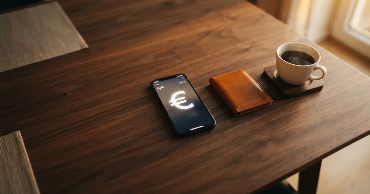 Ein Smartphone mit dunklem Display liegt auf einem Tisch neben einer Geldbörse und einer Tasse Kaffee.