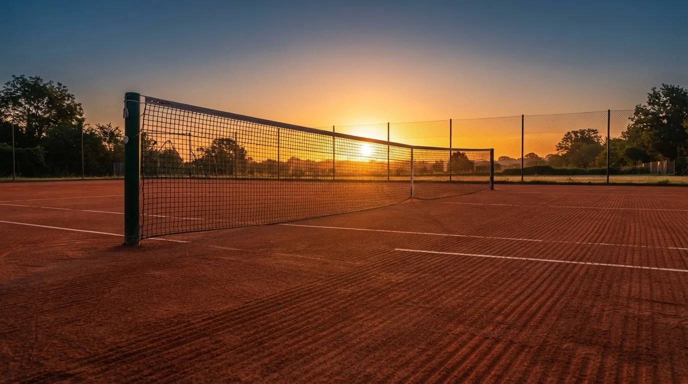 Ein Tennisplatz aus Sand bei Sonnenaufgang, das Netz im Gegenlicht, kein Mensch zu sehen.