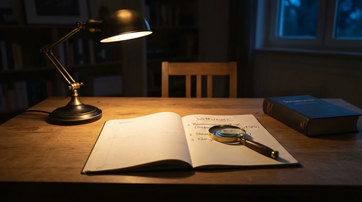 Ein Schreibtisch mit Lupe und leerem Block unter einer Lampe in einem ruhigen Raum.