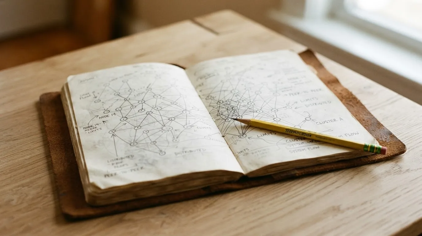 Ein Notizbuch mit handgezeichneten Knoten und Linien liegt neben einem Bleistift auf einem Schreibtisch.