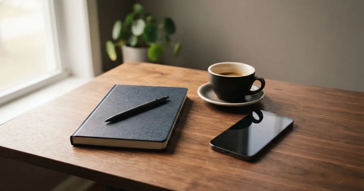 Ein Holzschreibtisch im Morgenlicht mit geschlossenem Notizbuch, Kugelschreiber und Kaffeetasse, daneben ein Smartphone mit dunklem Bildschirm.