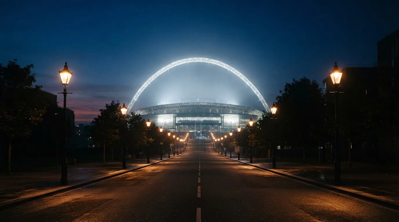 Ein Stadion unter Flutlicht aus der Ferne gesehen, davor eine dunkle Straße mit Laternen und ohne Menschen.