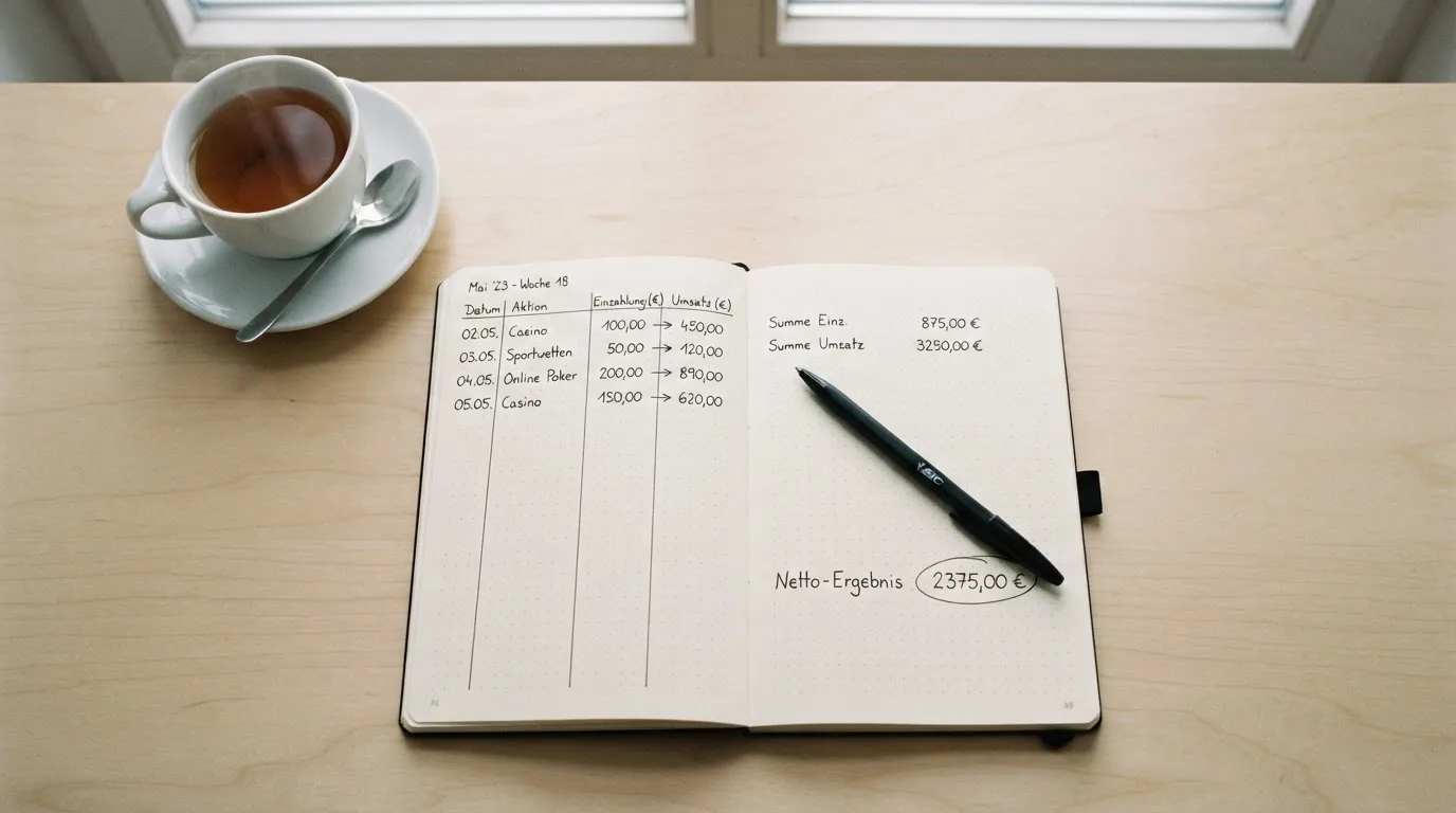 Ein Notizbuch mit handgeschriebenen Rechnungen und ein Taschenrechner auf einem hellen Schreibtisch neben einer Tasse Tee.