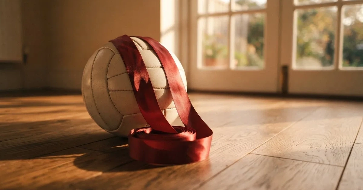 Ein Geschenkband liegt neben einem Fußball auf einem Holzboden, gedämpftes Licht fällt von einem Fenster herein.