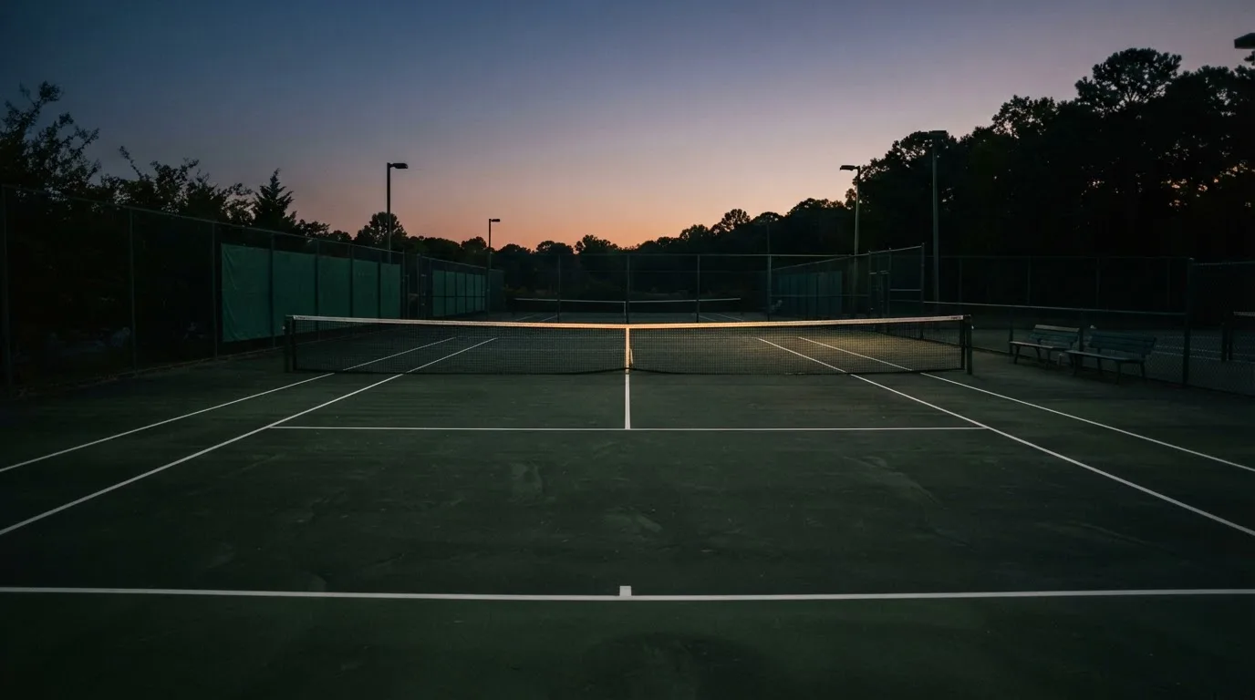 Ein Tennisplatz in der Dämmerung, Netz und Linien im Zwielicht, ohne Menschen und mit ruhigem Himmel.