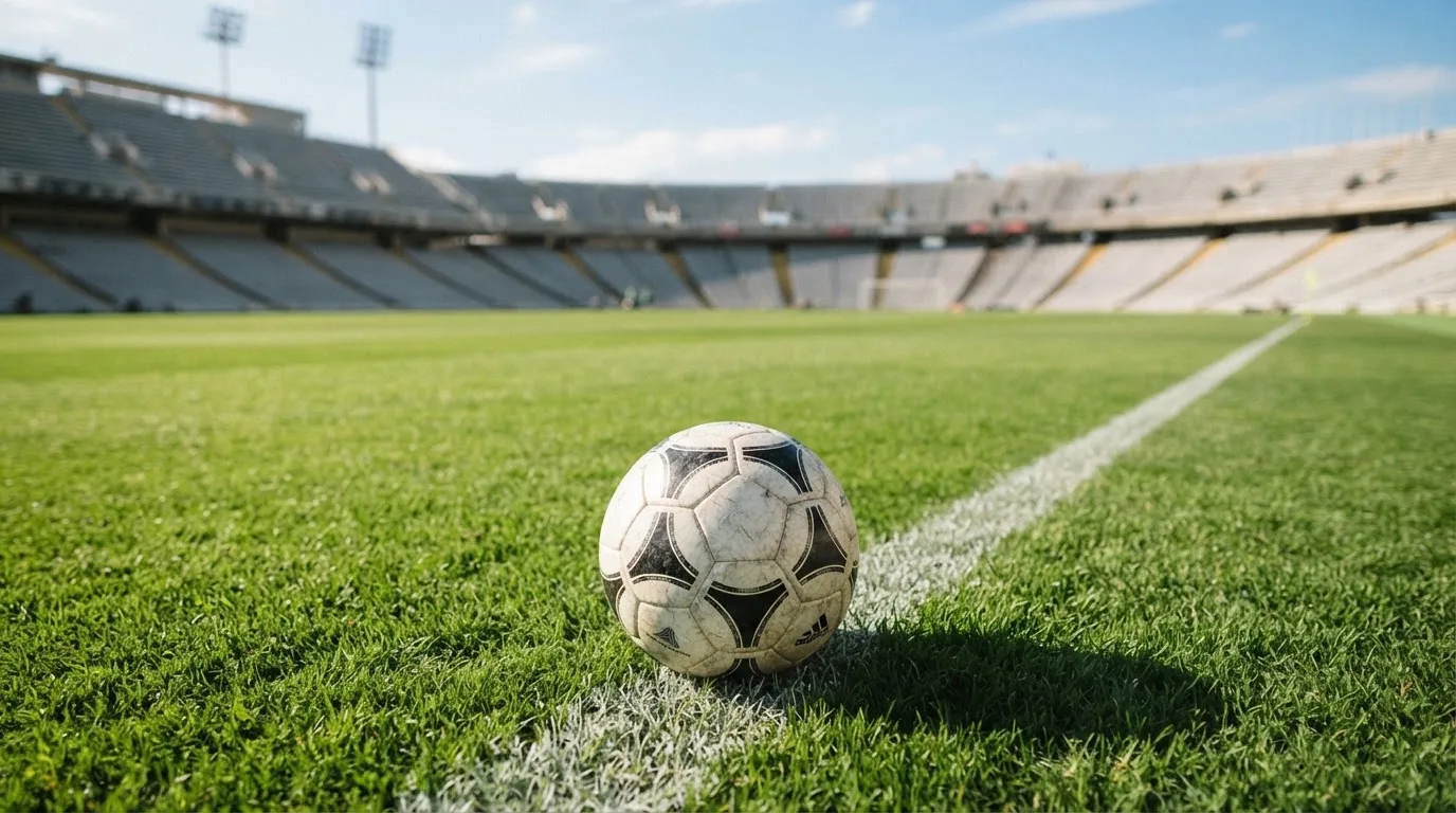 Ein Fußball liegt am Spielfeldrand eines Rasenplatzes, im Hintergrund eine leere Tribüne unter hellem Himmel.