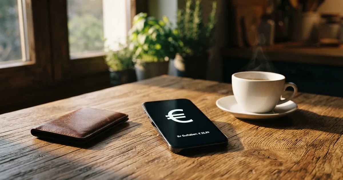 Ein Smartphone mit dunklem Bildschirm liegt auf einem Holztisch neben einem Portemonnaie und einer Kaffeetasse im Fensterlicht.