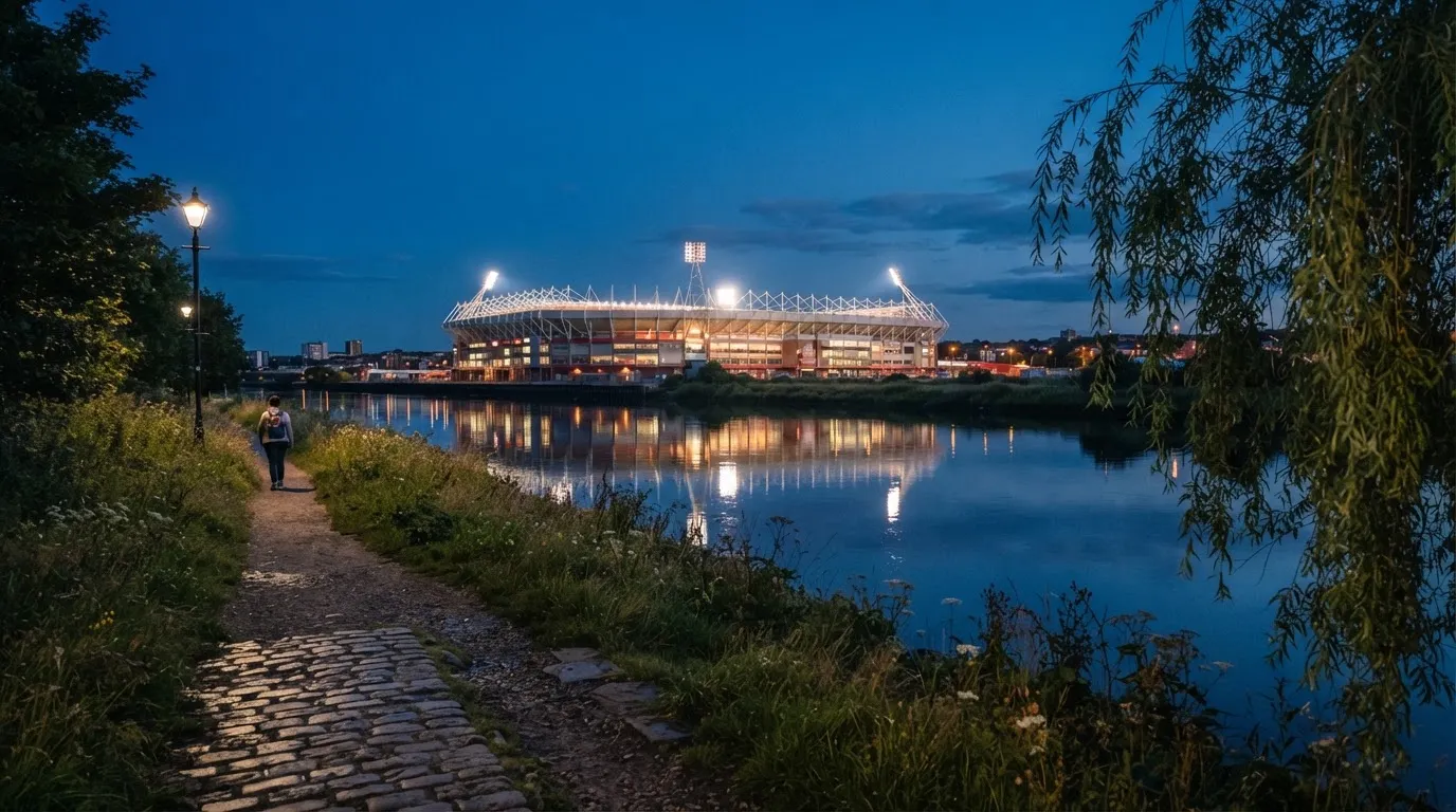 Ein Stadion unter Flutlicht aus der Ferne gesehen, im Vordergrund ein ruhiger Fluss und ein Fußweg.
