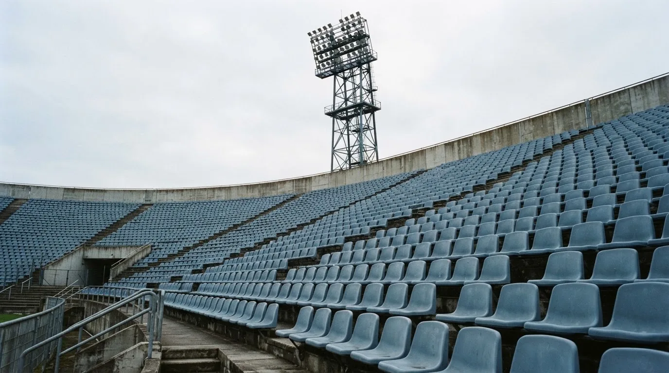Eine leere Tribüne eines Fußballstadions bei Tageslicht, Sitzschalen in Reihen und dahinter ein Flutlichtmast.