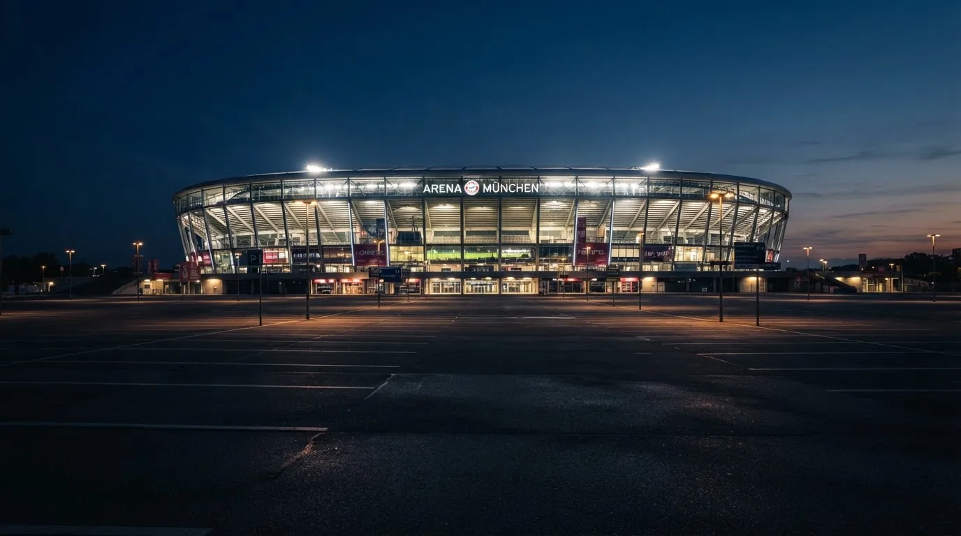 Ein Stadion unter Flutlicht aus der Ferne gesehen, davor ein leerer Parkplatz in der Dämmerung.