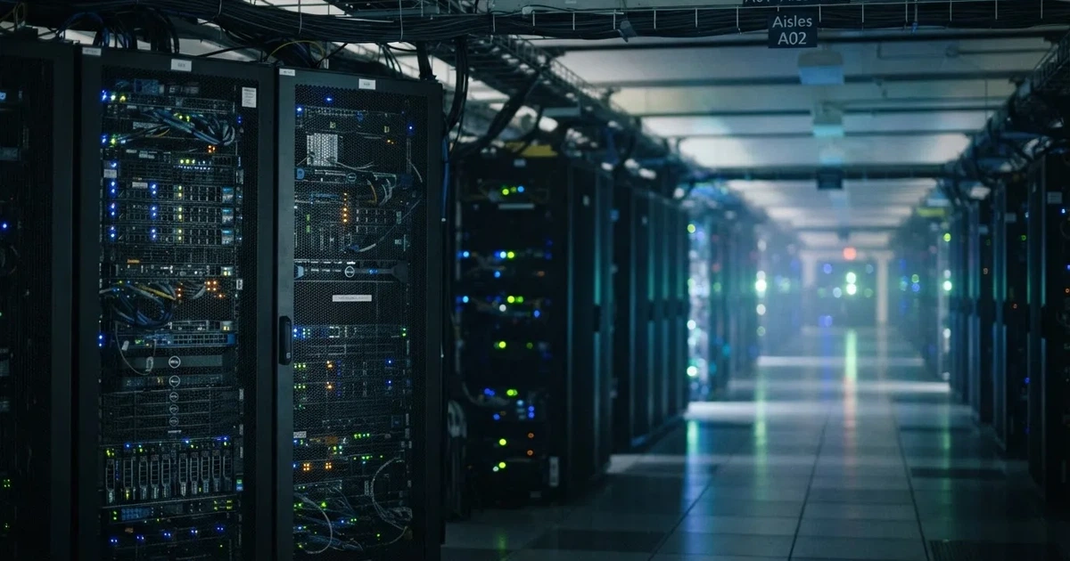 Ein Serverraum mit Reihen schwarzer Schränke und blinkenden Lichtern in kühlem Licht, ohne Menschen.