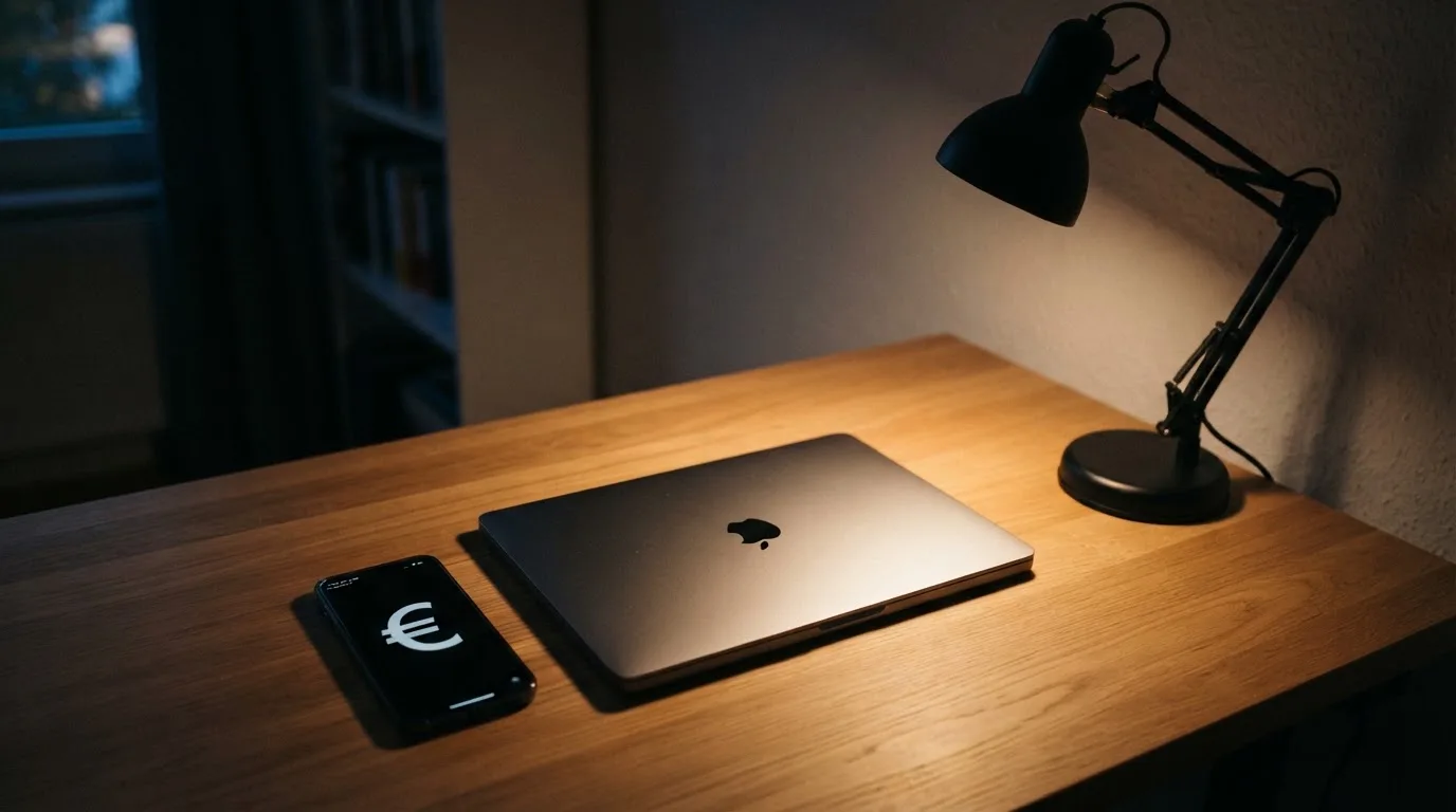Ein Schreibtisch mit Lampe und geschlossenem Laptop in einem ruhigen Büro bei Abendlicht.