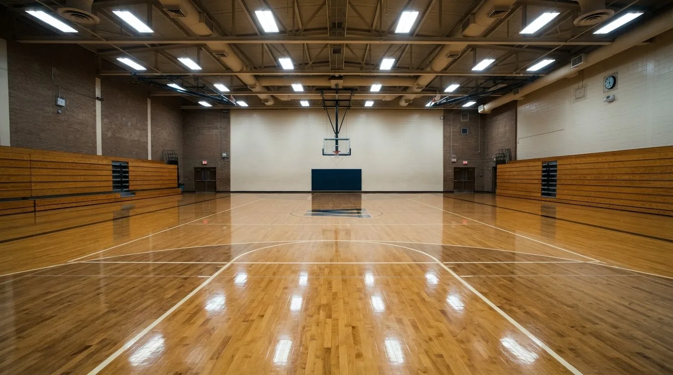 Ein Basketballfeld in einer leeren Halle, das Parkett spiegelt das Deckenlicht.