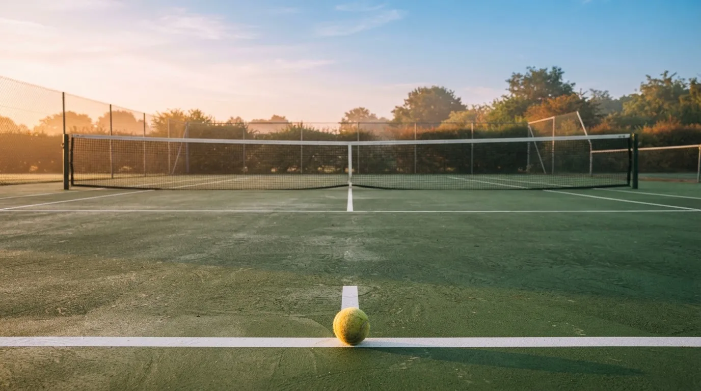 Ein Tennisplatz bei Sonnenaufgang, die Linien noch taufeucht, ein einzelner Ball liegt an der Grundlinie.