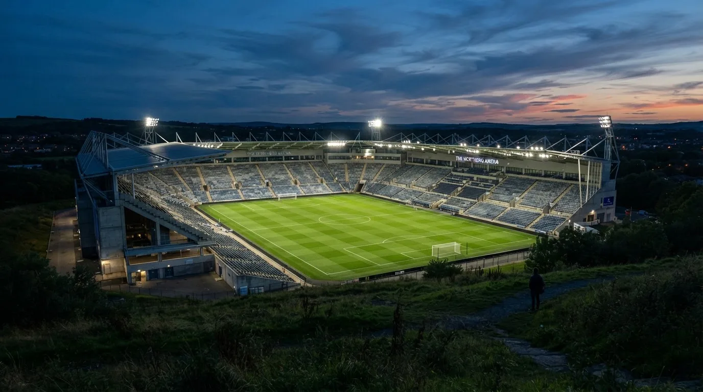 Ein leeres Stadion mit hell erleuchteten Rängen in der Abenddämmerung, von einem Hügel aus fotografiert.