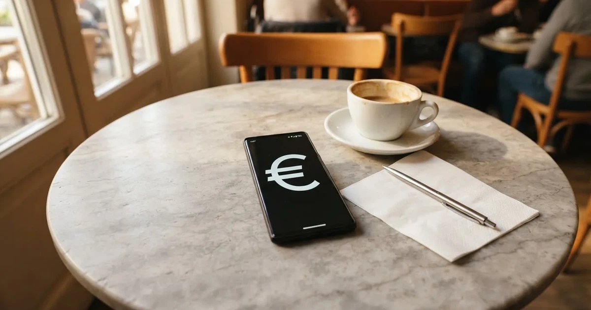 Ein Smartphone liegt mit dunklem Display auf einem Café-Tisch neben einer Tasse Kaffee und einem Kugelschreiber.